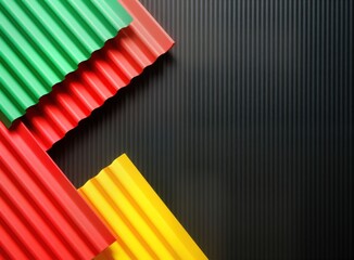 Obraz premium Abstract design with corrugated paper shapes in vibrant colors red yellow, green on dark background. Creative colorful geometric pattern for banner poster. Ideal for February Black History Month