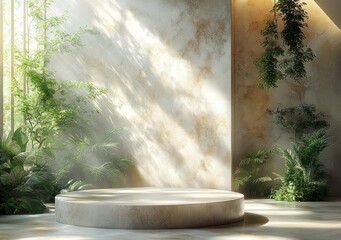 Minimalist Summer Display Podium with Natural Light and Plant Shadows Against a Brown Wall