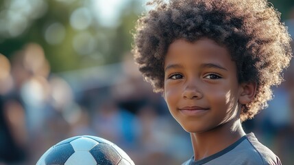 Naklejka premium Young soccer player holding a ball in an outdoor stadium, with blurred crowd in the background and natural lighting effect.