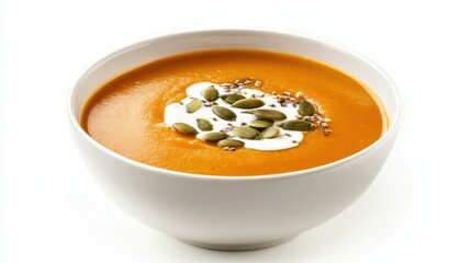 A bowl of hearty butternut squash soup garnished with pumpkin seeds and a drizzle of cream, Each spoonful filled with rich and comforting flavors