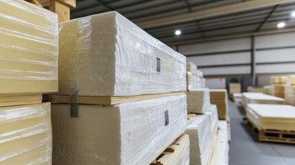 Racked rigid foam insulation panels stored in a factory ready for installation and construction projects