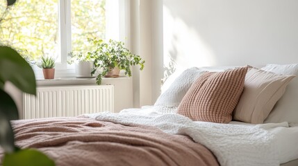 Cozy bedroom interior featuring a radiator and soft bedding with natural light and greenery enhancing the serene atmosphere
