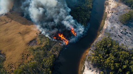 Aerial view of a river surrounded by burning vegetation and smoke, highlighting the devastation of wildfires in a natural landscape.