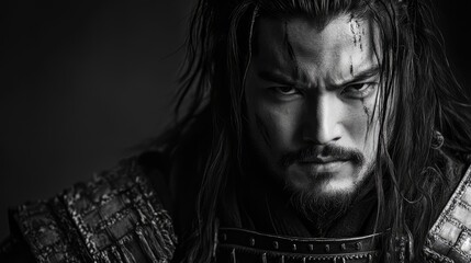 Adult samurai portrait with long dark hair in detailed armor, intense expression, captured in dramatic black and white lighting.