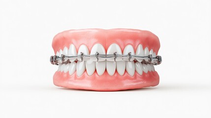 Obraz premium Realistic 3D Render of Human Teeth with Metal Braces, Showcasing Orthodontic Treatment for Alignment Correction and Dental Aesthetics