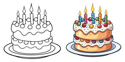 Birthday Cake Line Art Vector Illustration Black and White with Coloring Sample. Bold and Easy Food, Fruits, Sweets, Drinks, Dessert, and Snacks Coloring Pages for Adults and Kids