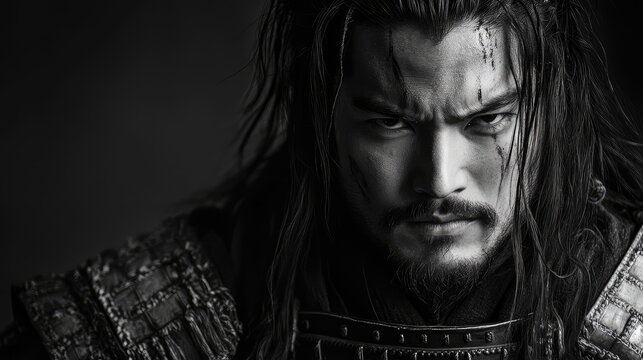Adult samurai portrait with long dark hair in detailed armor, intense expression, captured in dramatic black and white lighting.