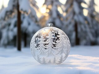 Snow-covered Christmas tree ornament with trees in the background