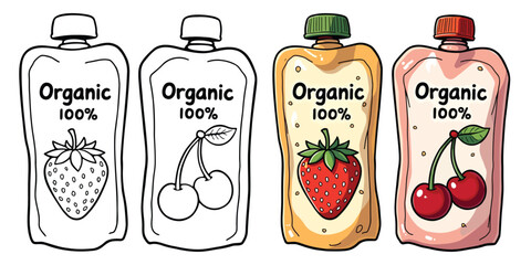 Food Pouches Line Art Vector Illustration Black and White with Coloring Sample. Bold and Easy Food, Fruits, Sweets, Drinks, Dessert, and Snacks Coloring Pages for Adults and Kids