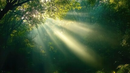 Obraz premium Sunlight filtering through fog-shrouded trees in a serene forest creating a tranquil atmosphere and enhancing natural beauty.