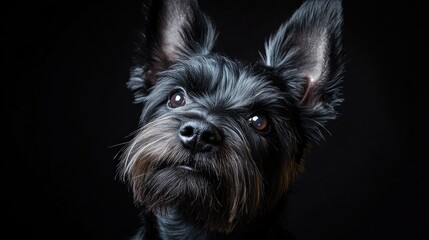 Naklejka premium Scottish Terrier Portrait on Black Background Emphasizing Love and Friendship with Playful Expression