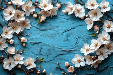 Fototapeta premium Light blue wooden surface with white cherry blossoms, pastel flat lay composition, copy space for creative design, floral decor, spring mood.