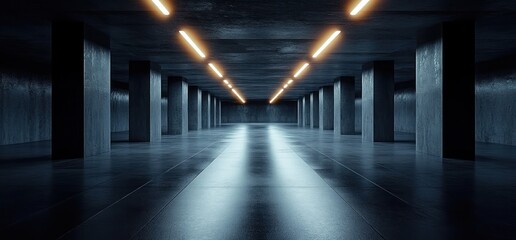 Industrial Minimalistic Dark Concrete Corridor with Fluorescent Lights and Dramatic Shadows in Futuristic Space