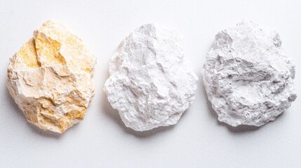 Three mineral samples, various colors, white background, geology study