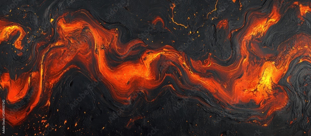 Poster dynamic red molten lava swirls on dark textured background with ample empty space for copy and desig