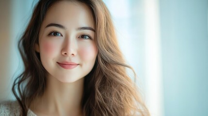 Radiant woman with natural glow and soft smile illuminated by natural light in serene indoor setting