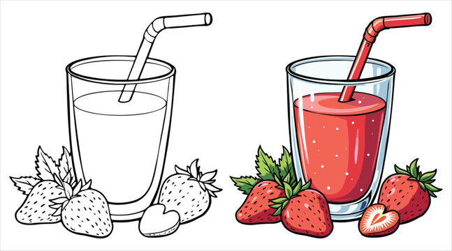 Strawberry Juice with Straw Line Art Vector Illustration Black and White with Coloring Sample. Bold and Easy Food, Fruits, Sweets, Drinks, Dessert, and Snacks Coloring Pages for Adults and Kids