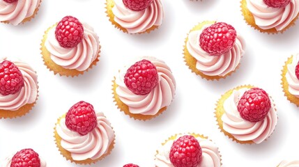 Raspberry Topped Cupcakes with Pink Frosting on Bright White Surface in Overhead View for Gourmet Dessert Presentation