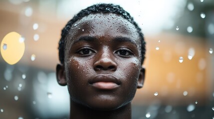 Portrait of a wet Black African boy student with raindrops on his face against a softly blurred urban background highlighting reflections and colors.
