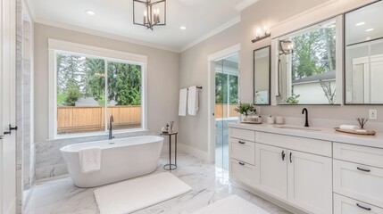 Fototapeta premium Modern Luxury Bathroom with Freestanding Tub and Large Window