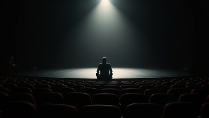 A person sits in a dark theater, surrounded by empty seats and a single spotlight on the stage. The oppressive silence and growing feeling of being watched create a sense of isolation and vulnerabilit