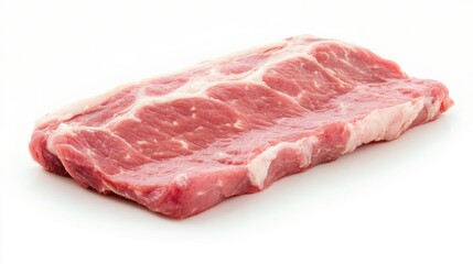 Raw pork loin chop with bone ready for cooking showcased on a clean white background emphasizing texture and freshness of the meat