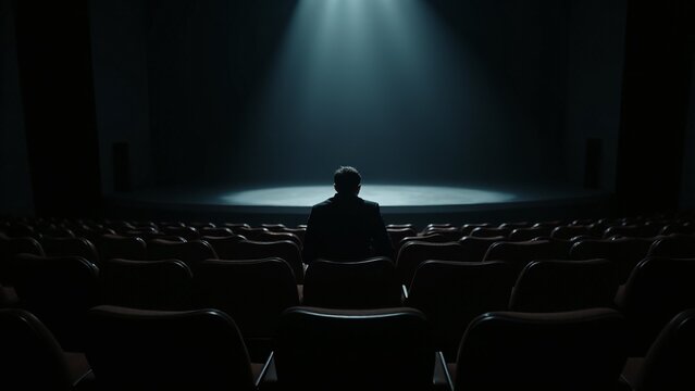 A person sits in a dark theater, surrounded by empty seats and a single spotlight on the stage. The oppressive silence and growing feeling of being watched create a sense of isolation and vulnerabilit