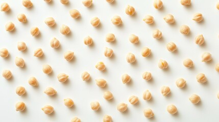 Raw chickpeas scattered on bright white surface, showcasing textured beige grains in a visually appealing arrangement for culinary use.