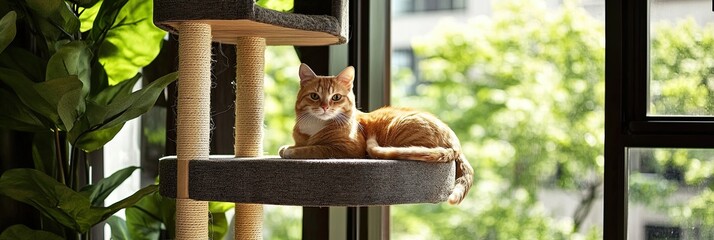 A serene ginger cat gazes directly at the camera while lounging on a wooden cat tree shelf, bathed in warm sunlight. Cat lounging on wooden cat tree, sunlit background