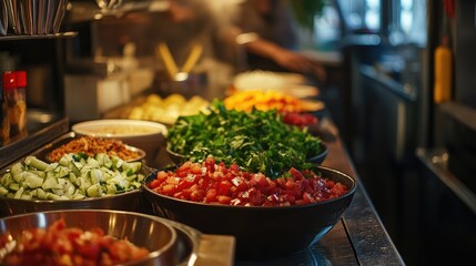 Obraz premium Colorful Raw Ingredients for Mexican Cuisine in Bowls on Wooden Counter in Busy Restaurant Kitchen Natural Lighting