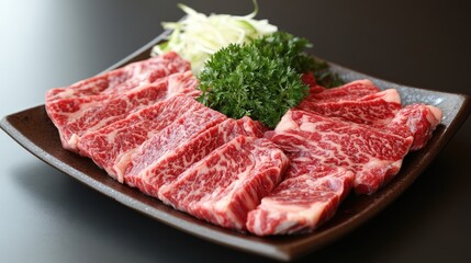 Freshly Cut Raw 12oz Sirloin Beef Steak with Marbling on Dark Plate Surrounded by Green Parsley and Shredded Cabbage on Black Background