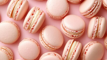 Fototapeta premium Pink French Macarons Arrangement on Light Pink Background Top View Flat Lay Gourmet Dessert Photography for Food and Culinary Use