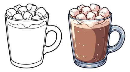 Hot Chocolate with Marshmallows Line Art Vector Illustration Black and White with Coloring Sample. Bold and Easy Food, Fruits, Sweets, Drinks, Dessert, and Snacks Coloring Pages for Adults and Kids