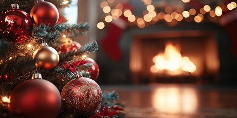 Fototapeta premium Christmas Tree with Warm Fireplace Background Cozy Home Decor Festive Celebration