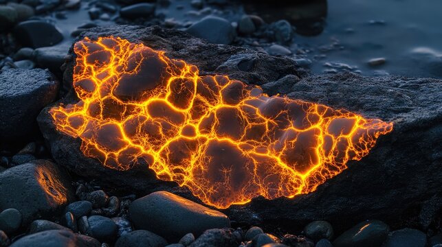 Illuminated fulgurite formed from lightning strike showcasing vibrant colors on a rocky beach surface amid pebbles and water