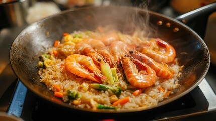 Shrimp tempura and mixed vegetables cooking in soy sauce in a frying pan, with steam rising and colorful ingredients on display.