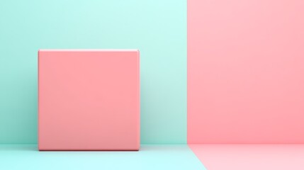 Minimalistic Pink Square Box on Soft Teal and Pink Background in Modern Decorative Scene