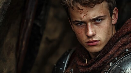 Obraz premium Young Warrior Prince Portrait in Rich Earthy Tones with Weathered Armor and Intense Blue Eyes Set Against a Dark Background