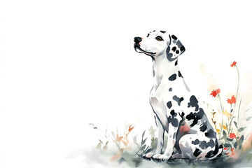 Dalmatian in Wildflowers: A charming watercolor painting of a Dalmatian dog sitting amidst a delicate array of wildflowers, conveying a sense of tranquility and gentle companionship.