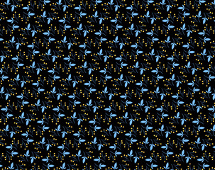 Tiny floral, botanical fabric, wallpaper, home decor Small blue leaves and yellow berries on a black background