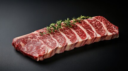 Marbled Dry Aged Wagyu Tomahawk Steak on Dark Surface with Fresh Thyme Garnish and Subtle Lighting
