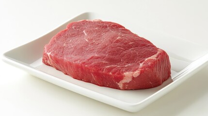 Raw veal steak placed on a white plate ready for cooking preparation and culinary presentation in a kitchen environment