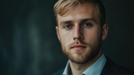 Young businessman with blonde hair and beard in a gray suit, gazing confidently at the camera against a dark textured background.