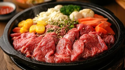 Sizzling raw beef slices with vibrant yellow egg yolks and fresh vegetables arranged in a rustic iron skillet on a dark wooden table