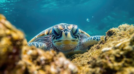 Fototapeta premium Underwater Close-up of a Sea Turtle Among Coral Reef with Bubbles Nearby, Vibrant Blue Water Background