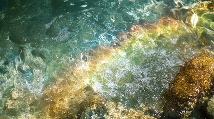 Vibrant rainbow emerging through misty water spray on a serene surface with textured rocks in natural light