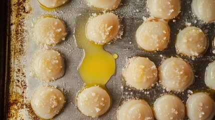 Fresh raw scallops with melted butter and sea salt ready for baking on a metal sheet pan in a gourmet kitchen setting