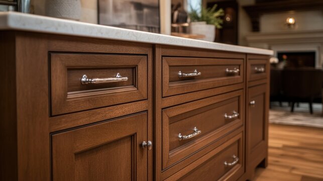Close-Up of Wooden Kitchen Cabinetry with Silver Hardware