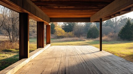 Spacious wooden porch of a ranch style house overlooking serene green meadow with soft morning light and trees in the background.