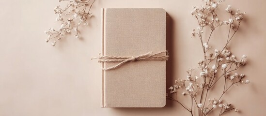 Handmade craft paper planner with fabric and twine creative branding project on soft background with blank text space